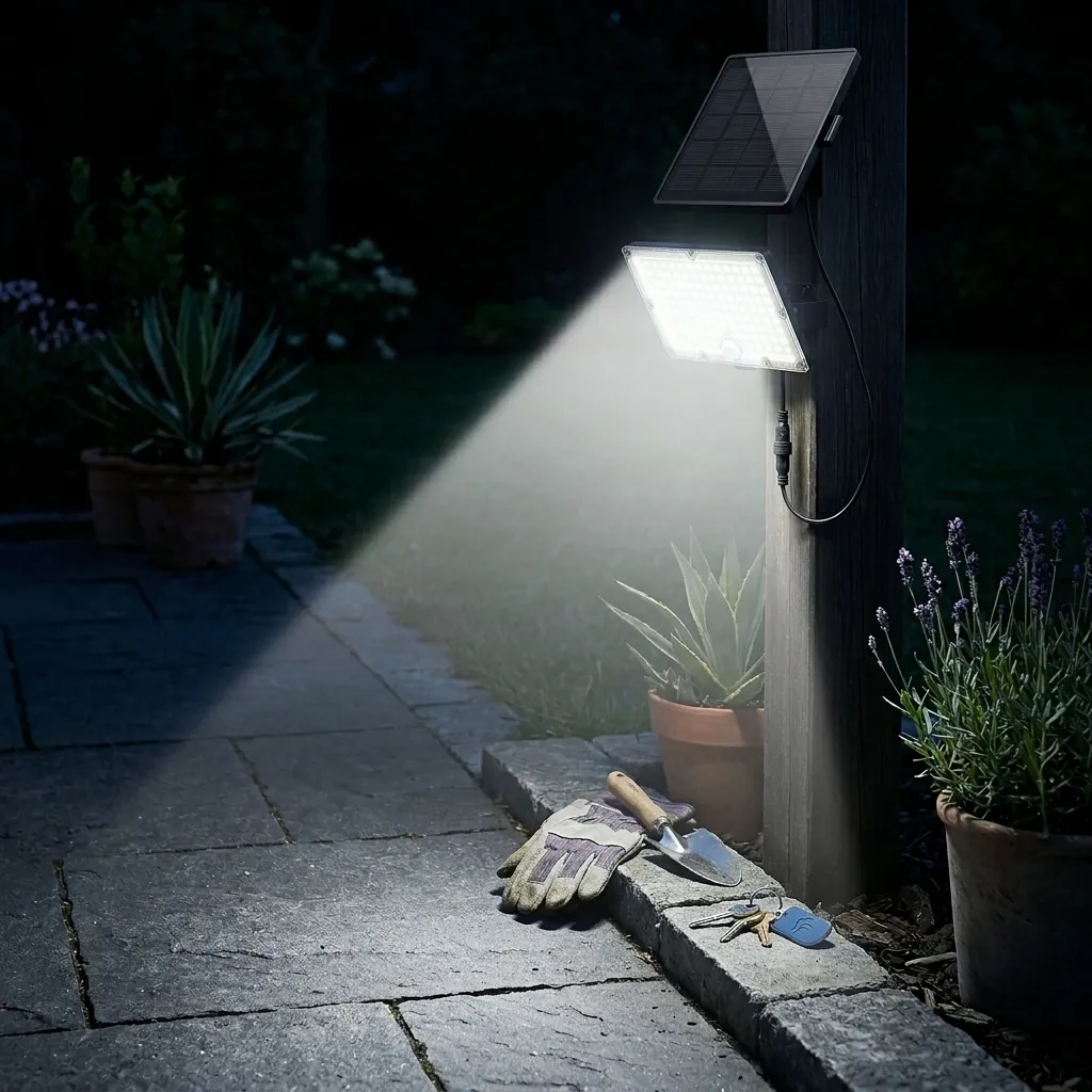 Соларен LED прожектор FipTec, монтиран на дървен стълб, който силно осветява градинска пътека през нощта. Светлината помага за лесно откриване на вещи и осигурява надеждна защита и спокойствие за дома.