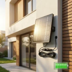 Високоефективен соларен панел FipTec, монтиран на външна стена, осигуряващ постоянна енергия за Вашата безжична камера за сигурност. Осигурете си пълна енергийна независимост и спокойствие чрез надеждна защита на дома.