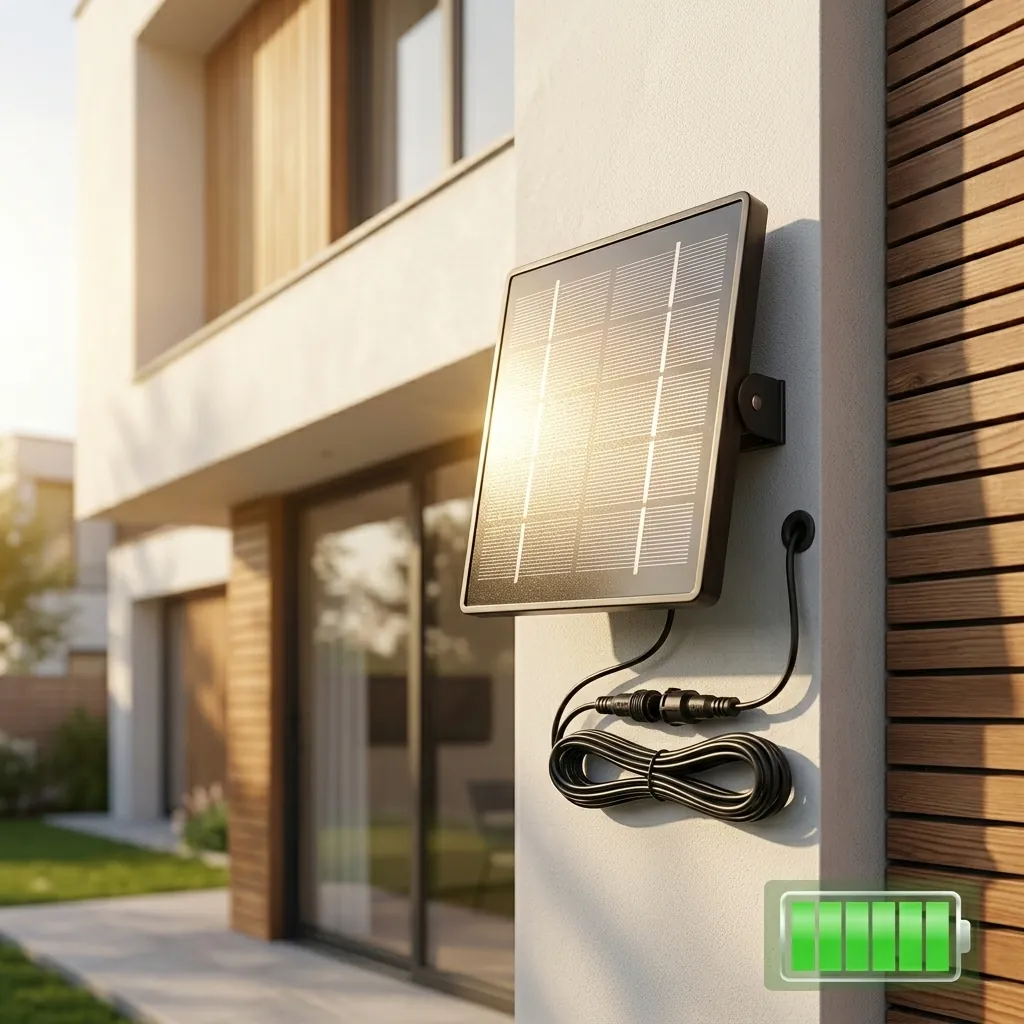 Високоефективен соларен панел FipTec, монтиран на външна стена, осигуряващ постоянна енергия за Вашата безжична камера за сигурност. Осигурете си пълна енергийна независимост и спокойствие чрез надеждна защита на дома.