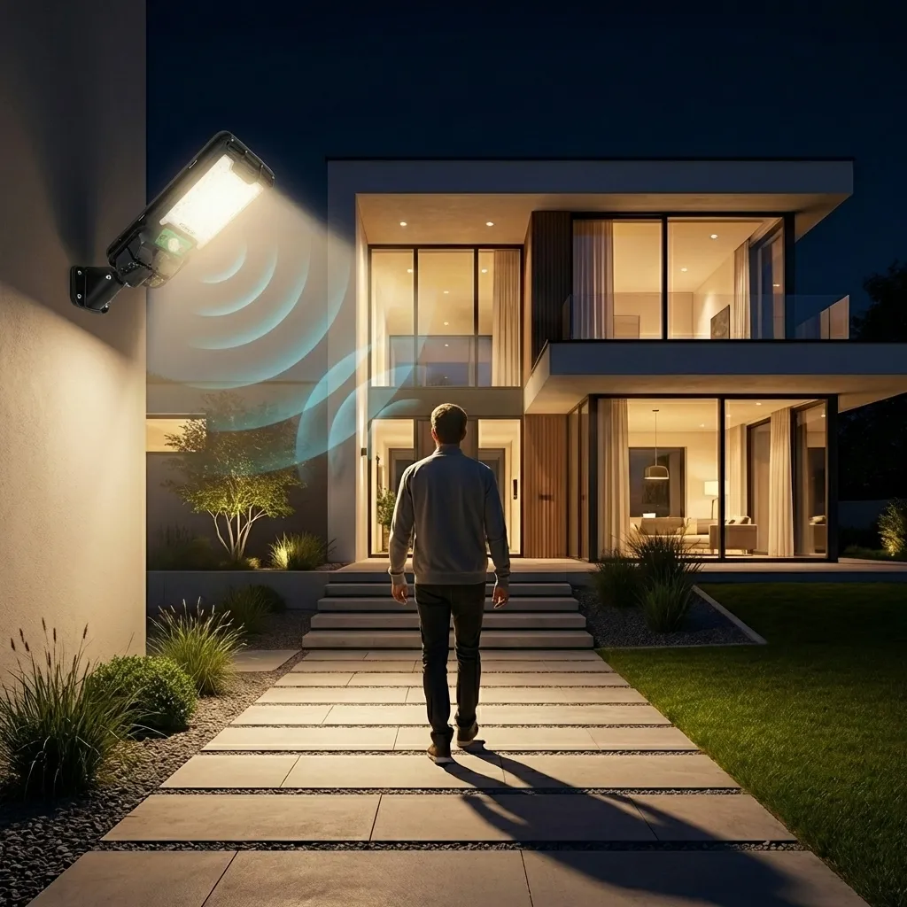Соларна LED лампа FipTec със сензор за движение осветява пътеката пред модерен дом през нощта при засичане на човек. Тази интелигентна охрана осигурява надеждна защита и дискретно спокойствие.