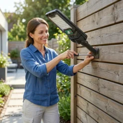 Усмихната жена извършва лесен монтаж на соларна LED лампа FipTec върху дървена ограда. Продуктът осигурява надеждна защита и пълно спокойствие чрез сигурност без сложни системи.