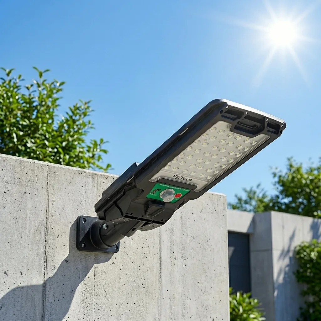 Мощна соларна LED лампа FipTec, монтирана на бетонна стена под яркото слънце за автоматично зареждане. Осигурете си надеждна външна сигурност и дискретно спокойствие за дома чрез лесен контрол.