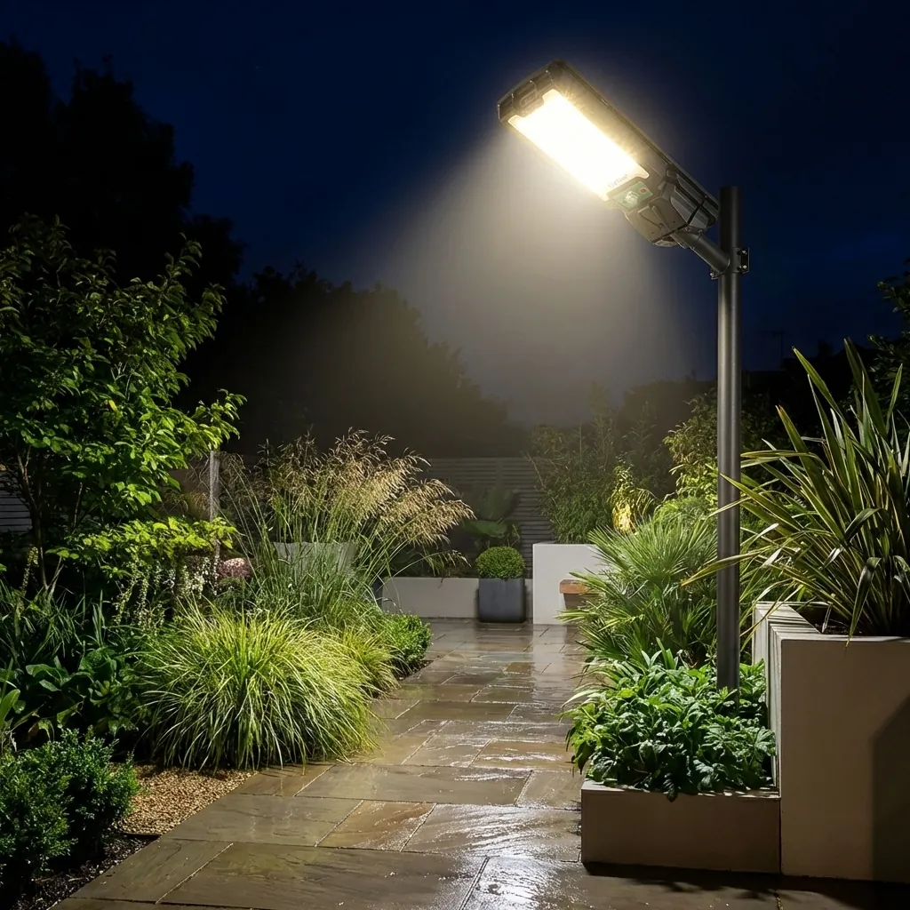 Мощна безжична соларна LED лампа FipTec, монтирана на стълб, осветява градинска пътека през нощта. Осигурява надеждна външна охрана за пълно спокойствие и дискретна сигурност на вашия имот.