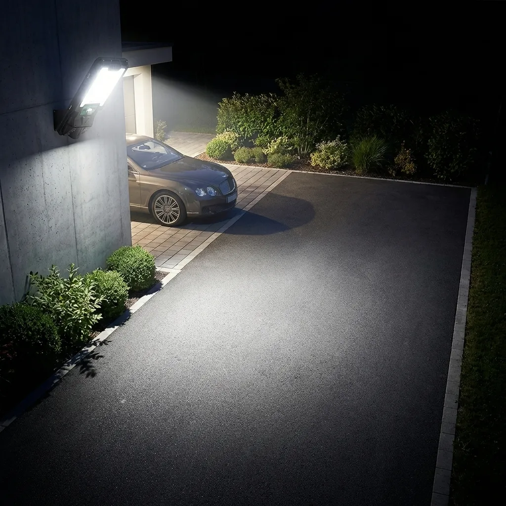 Мощна соларна LED лампа FipTec ярко осветява алея и кола пред гараж през нощта. Надеждна външна охрана за вашата собственост, осигуряваща пълна защита, спокойствие и лесен контрол.