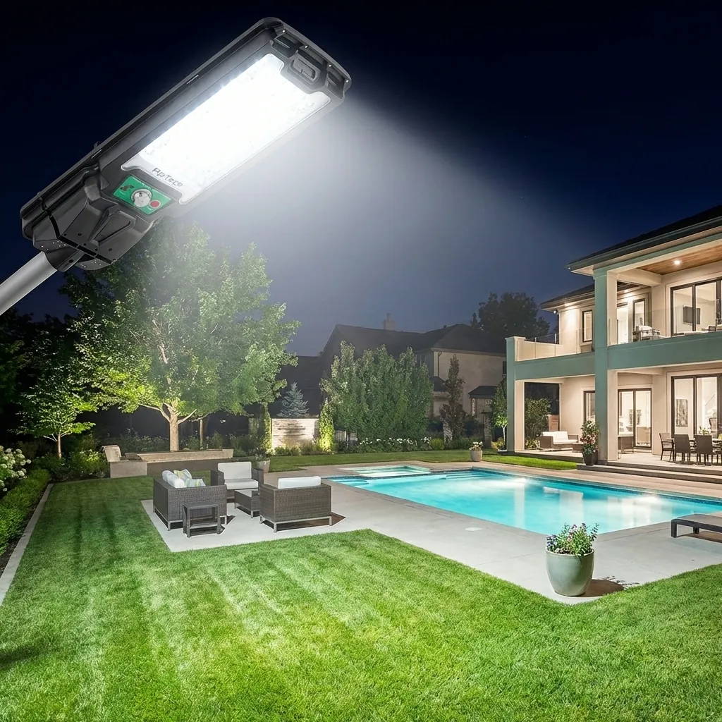 Соларна LED лампа FipTec осветява мощно модерен двор с басейн и къща през нощта, осигурявайки надеждна външна охрана за вашето пълно спокойствие и дискретна сигурност.