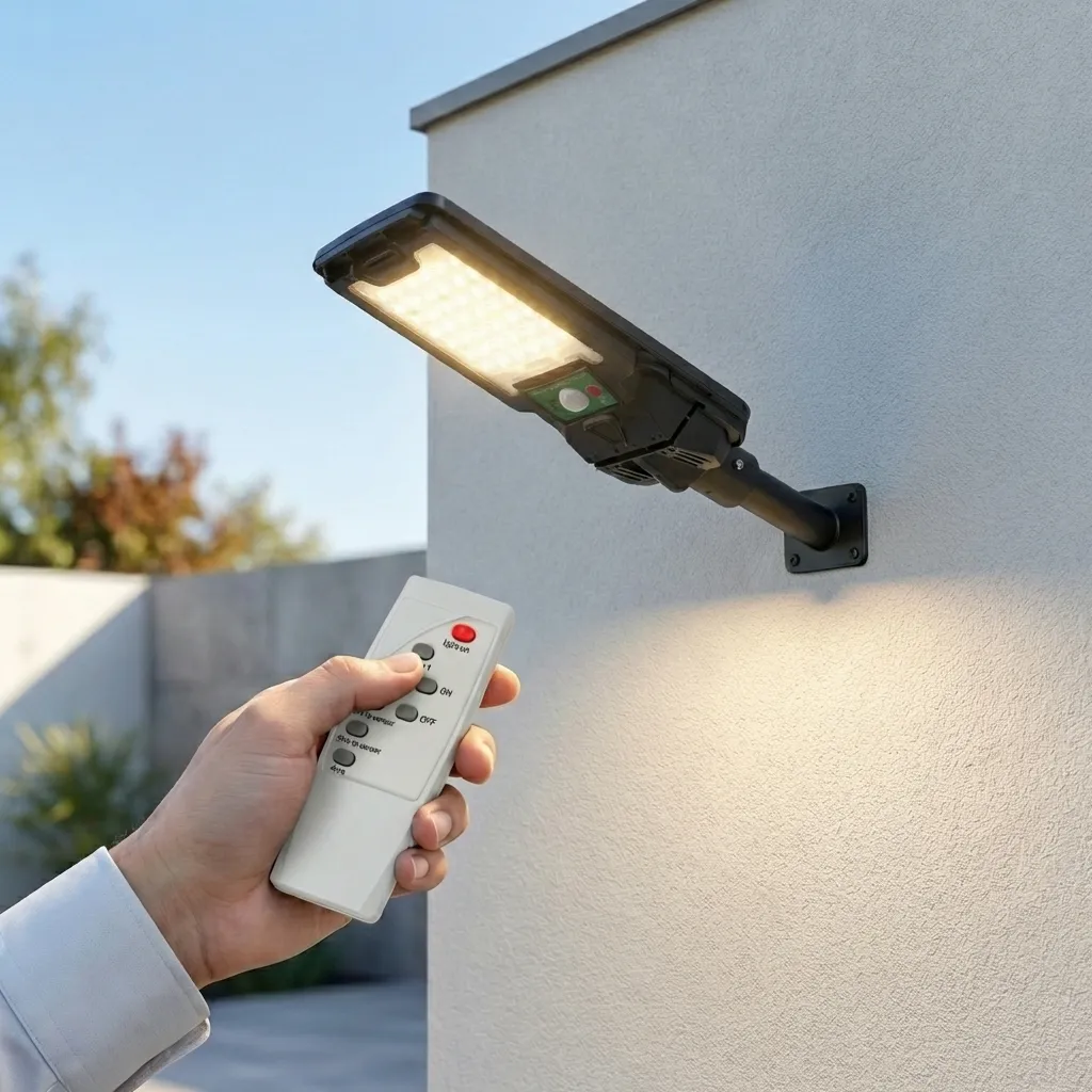 Ръка държи дистанционно управление за соларна LED лампа FipTec, монтирана на външна стена. Това интелигентно решение осигурява лесен контрол и дискретна сигурност за вашето пълно спокойствие.