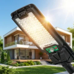 Мощна соларна LED лампа FipTec за външна охрана, разположена пред модерна къща в слънчев двор. Осигурява надеждна безжична защита и пълно спокойствие чрез автоматизирано осветление и лесен контрол.