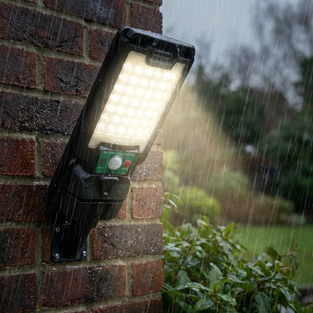 Водоустойчива соларна LED лампа FipTec, монтирана на тухлена стена, светеща ярко по време на силен дъжд. Надеждна външна охрана, която осигурява пълна защита и дискретна сигурност за вашето семейство.