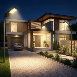 Няколко мощни соларни лампи FipTec осветяват фасадата и входа на модерна къща през нощта. Осигуряват надеждна външна охрана и дискретна сигурност за пълно спокойствие и лесен контрол.