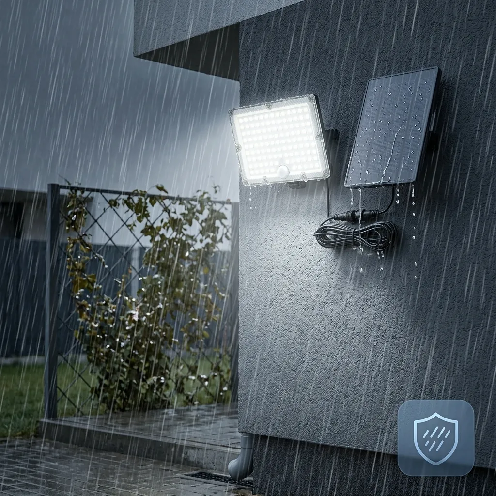 Водоустойчив соларен LED прожектор FipTec, работещ безотказно под силен дъжд върху външна фасада. Гарантирана защита и надеждност при всякакви метеорологични условия за Вашето пълно спокойствие.
