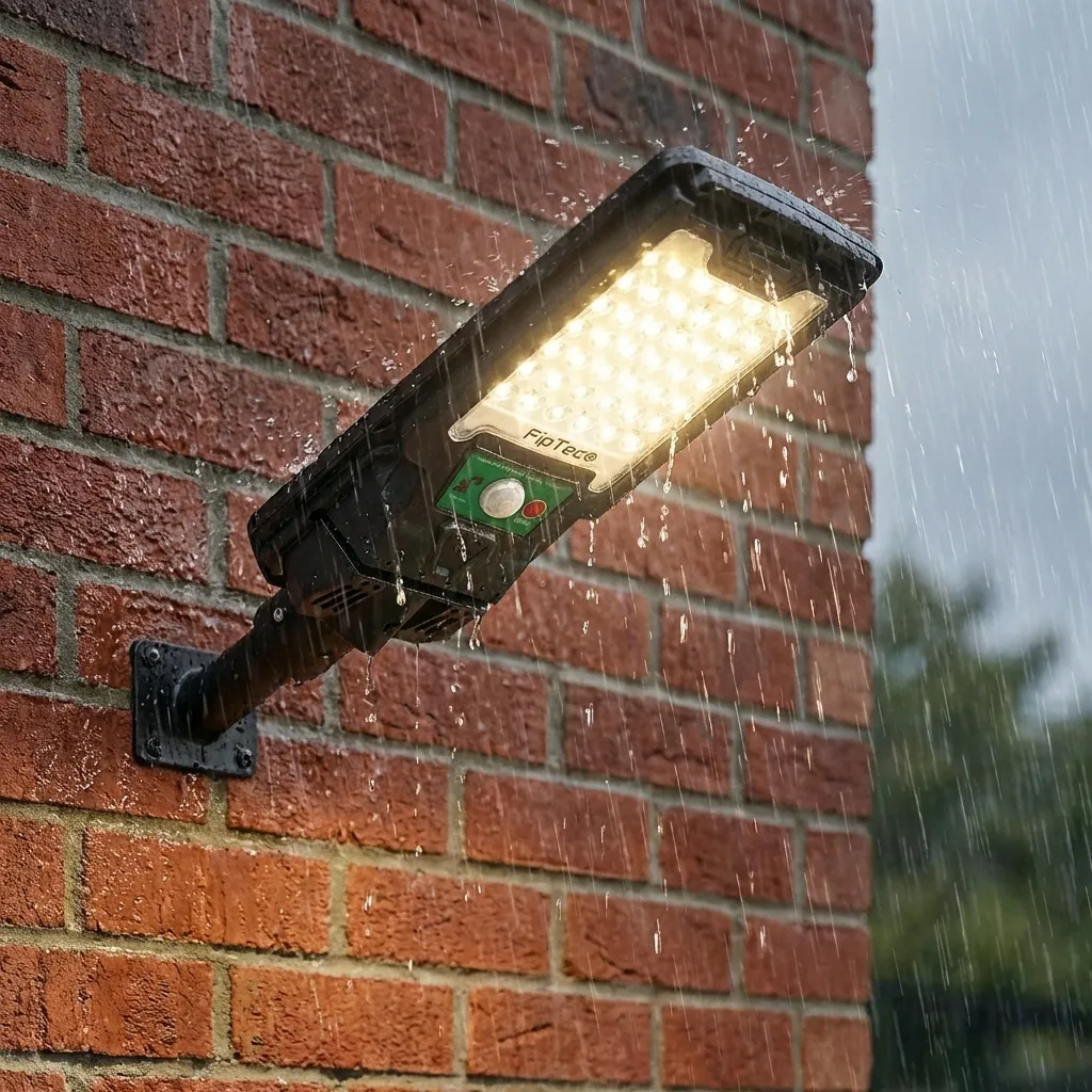 Водоустойчива соларна LED лампа FipTec, монтирана върху тухлена стена по време на дъжд. Гарантира надеждна външна охрана и дискретна сигурност за вашето пълно спокойствие и лесен контрол.