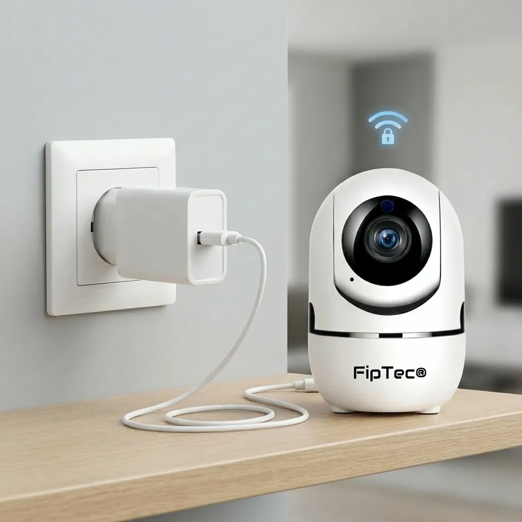 Бяла вътрешна Wi-Fi камера FipTec, поставена на дървена полица и включена в захранването. Сигурна безжична връзка, гарантираща пълна защита на дома и дискретно спокойствие за вашето семейство.