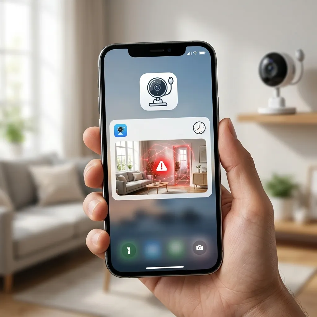 Смартфон в ръка показва мобилното приложение FipTec с известие за аларма за движение в хола. Безжичната Wi-Fi камера FipTec осигурява лесен контрол и дискретна сигурност за вашето семейство.