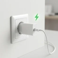 Бял захранващ адаптер FipTec 5V/2A, включен в електрически контакт на бяла стена, със зелен символ за мощност. Осигурява надеждна енергия за вашите охранителни камери, гарантирайки непрекъсната защита и ежедневно спокойствие.