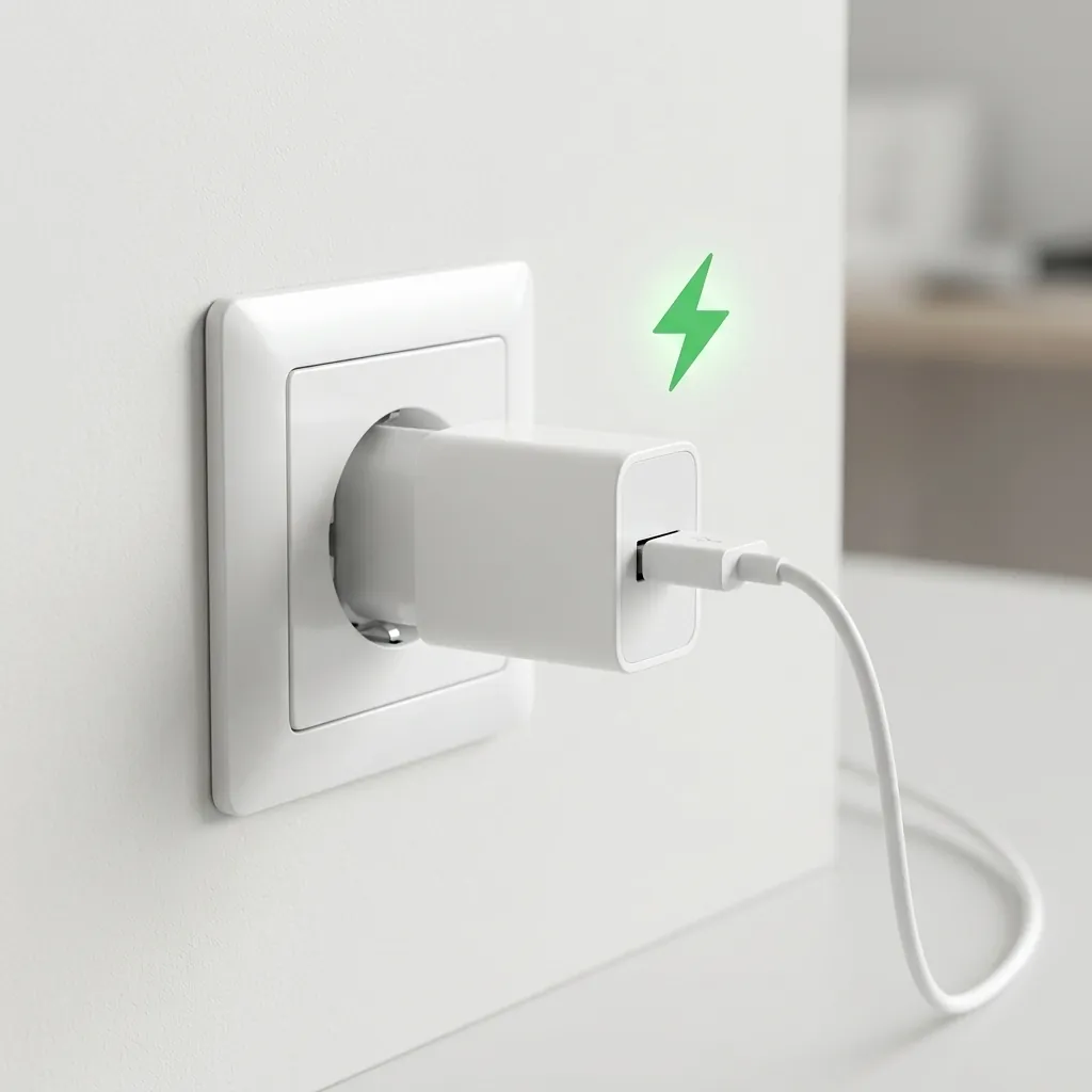 Бял захранващ адаптер FipTec 5V/2A, включен в електрически контакт на бяла стена, със зелен символ за мощност. Осигурява надеждна енергия за вашите охранителни камери, гарантирайки непрекъсната защита и ежедневно спокойствие.