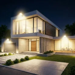 Модерен дом през нощта, осветен от няколко соларни LED лампи FipTec, монтирани на фасадата. Тези безжични лампи осигуряват надеждна защита и дискретна сигурност за пълно спокойствие.