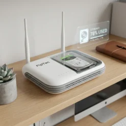 Бяло NVR устройство FipTec Vision 8 върху дървено бюро, показващо капацитета на твърдия диск за надеждно съхранение на видеозаписи. Осигурете си пълна сигурност и лесен контрол върху вашия архив.