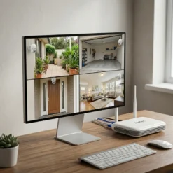 Централно NVR устройство от WiFi системата FipTec Protect 4, свързано към монитор, показващ едновременно четири камери. Пълният визуален контрол над дома ви осигурява надеждна защита и истинско спокойствие за семейството.