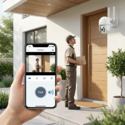 Смартфон показва жив ефир от WiFi система FipTec Protect 4, докато куриер чака пред вратата. Двупосочното аудио осигурява лесен контрол и надеждна защита за вашето пълно спокойствие.