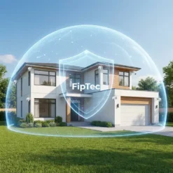 WiFi система за видеонаблюдение FipTec Protect 4 с четири камери, обгръщаща модерна къща с дигитален предпазен щит. Интелигентната охрана гарантира пълна защита и истинско спокойствие за вашето семейство.