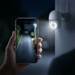 Смартфон показва ясна цветна картина през нощта от WiFi система FipTec Protect 4, охраняваща паркиран автомобил. Мощното нощно виждане осигурява надеждна защита и пълно спокойствие за вашия имот.