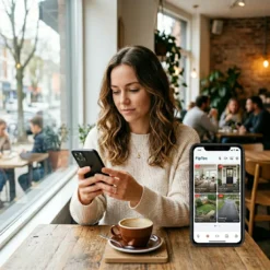 Жена в кафене наблюдава дома си през смартфон чрез WiFi система за видеонаблюдение FipTec Protect 4. Мобилното приложение осигурява отдалечен достъп до камерите за пълно спокойствие и надеждна сигурност.