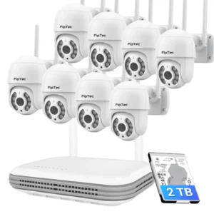 Пълен комплект за видеонаблюдение FipTec Protect 8, включващ осем бели WiFi камери, NVR устройство и 2TB твърд диск. Осигурете си надеждна защита и пълно спокойствие с лесен контрол.