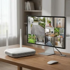 Централно NVR устройство от системата FipTec Protect 8, свързано към монитор с осем камери. Пълният визуален контрол над дома осигурява надеждна защита и истинско спокойствие за цялото семейство.