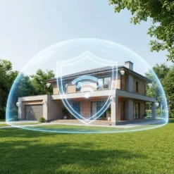 Цялостна система за видеонаблюдение FipTec Protect 8 с осем безжични WiFi камери, охраняващи модерна къща. Визуализираният дигитален щит символизира надеждна защита и пълно спокойствие за вашия дом и семейство.