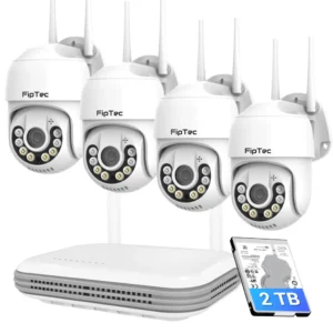 Пълен комплект за видеонаблюдение FipTec Protect Max 4K UHD с четири камери, NVR и 2TB твърд диск. Осигурете си безкомпромисна защита и пълно спокойствие с лесен контрол.