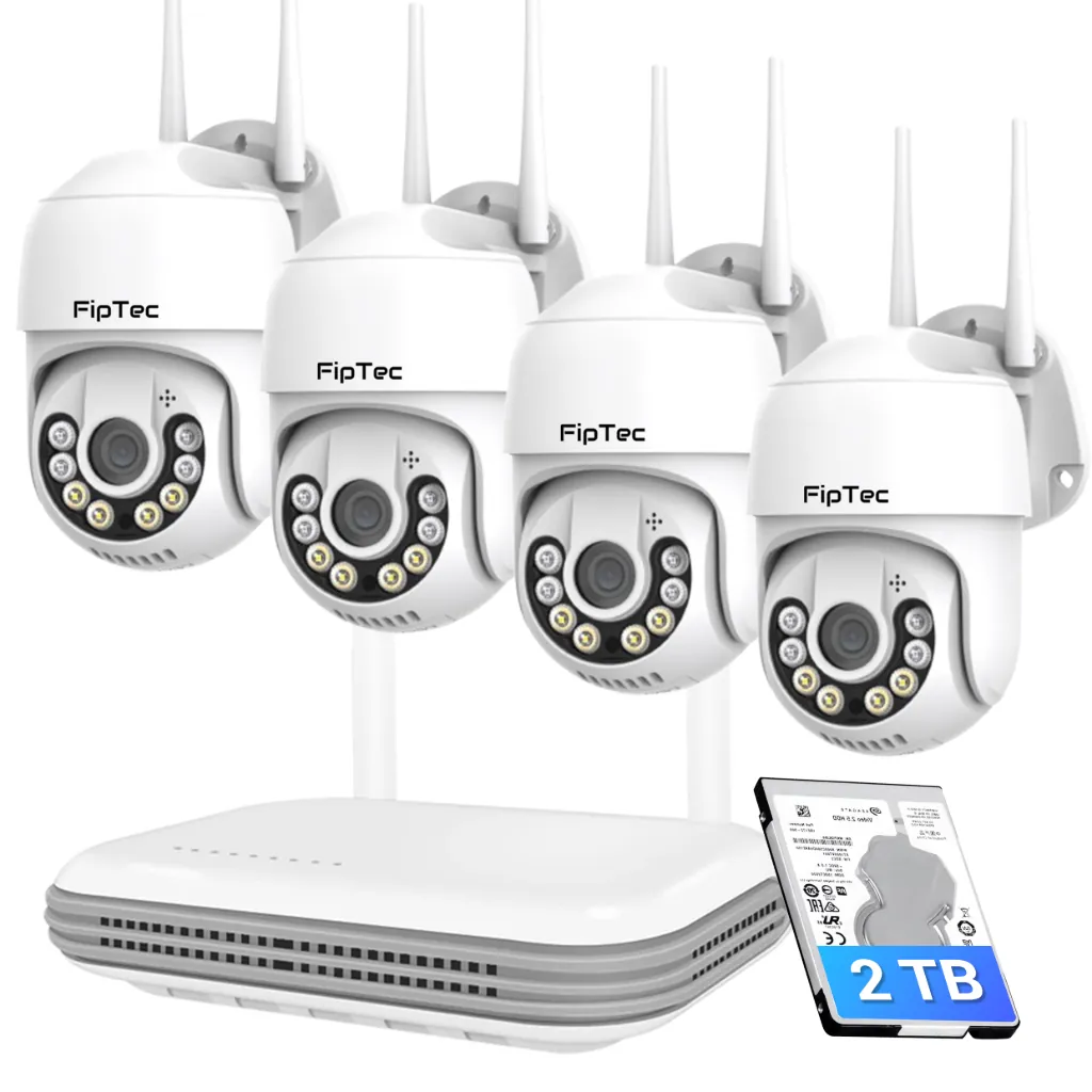 Пълен комплект за видеонаблюдение FipTec Protect Max 4K UHD с четири камери, NVR и 2TB твърд диск. Осигурете си безкомпромисна защита и пълно спокойствие с лесен контрол.