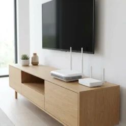 Бяло NVR устройство от системата FipTec Protect Max 4K UHD, разположено дискретно върху дървена мебел под телевизор, осигуряващо лесен контрол и надеждна защита за вашето семейно спокойствие.