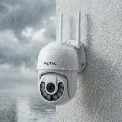 Водоустойчива WiFi камера FipTec Protect Max 4K UHD, монтирана на външна стена по време на дъжд, осигуряваща безотказна охрана и надеждна защита на дома за вашето пълно спокойствие.