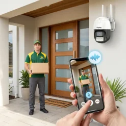 Външна WiFi камера FipTec Protect Pro 2K QHD улавя куриер пред входната врата. Смартфон приложението показва видео в реално време и двупосочно аудио за лесен контрол и сигурност за дома.