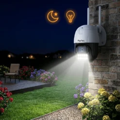 Външна WiFi камера FipTec Protect Pro 2K QHD, монтирана на тухлена стена, осветява двора през нощта със своите мощни LED светлини. Осигурете си денонощна защита и пълно спокойствие за вашето имущество.
