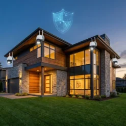 Система от камери FipTec Protect Pro 2K QHD охранява модерна двуетажна къща по здрач. Светещ щит символизира сигурността и защитата на вашето семейство и имот за пълно спокойствие.