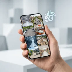 Ръка държи смартфон с мобилното приложение на FipTec, показващо осем камери едновременно чрез 5G мрежа. Следете имота си за максимална защита и постоянен лесен контрол.