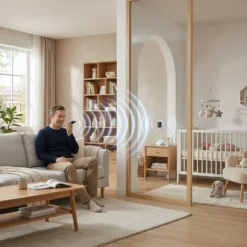 Баща използва двустранната аудио връзка на своя смарт бебефон FipTec през мобилен телефон, за да общува с детето си в съседната стая, осигурявайки пълно спокойствие и лесен контрол.