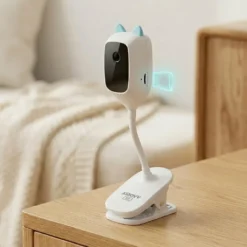 Бял смарт бебефон FipTec с щипка, закрепен за дървена мебел, показващ слот за карта памет за видеозапис, гарантиращ пълна сигурност и денонощно спокойствие за вашето бебе.