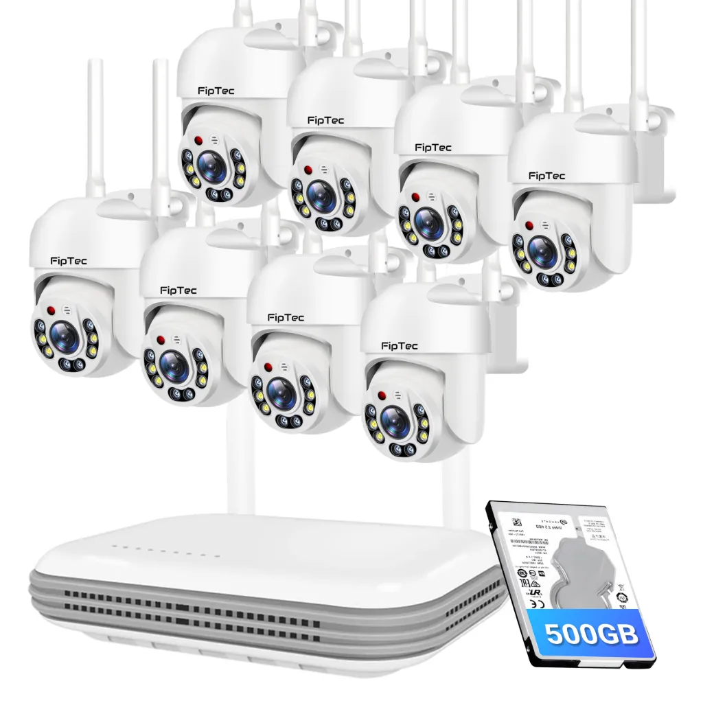 Kit complet de supraveghere video FipTec Vision 8, cu opt camere WiFi albe, NVR și hard disk de 500GB. Asigurați-vă protecție de încredere și liniște deplină pentru casă, cu control ușor.