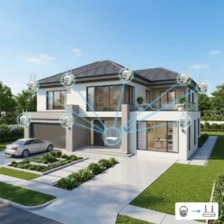 Модерна къща със система за видеонаблюдение FipTec Vision 8, включваща осем безжични WiFi камери и NVR сървър за цялостна охрана. Осигурете пълна защита на дома и спокойствие за вашето семейство.