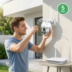 Млад мъж монтира лесно бяла PTZ WiFi камера FipTec Vision Pro 4 на външна стена само за 5 минути. Сигурност без сложни системи за вашето пълно спокойствие и лесен контрол.