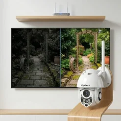Бяла WiFi камера FipTec Vision Pro 4, показваща детайлно дневно и нощно виждане на градинска пътека върху телевизионен екран. Осигурете си денонощна защита и пълно спокойствие с лесен контрол.