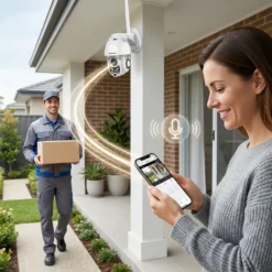 Жена използва функцията за двупосочно аудио през телефона си, за да говори с куриер пред дома, охраняван от WiFi камера FipTec Vision Pro 4. Сигурност и пълен контрол за вашето спокойствие.