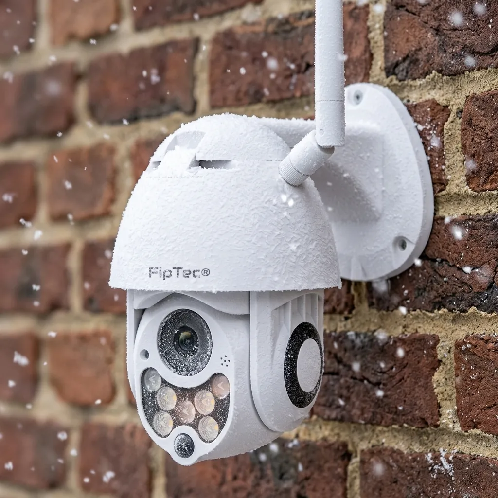 Външна WiFi камера FipTec Vision Pro 4, покрита със скреж и сняг върху тухлена стена. Устойчивостта на екстремни условия гарантира надеждна защита и зимно спокойствие за вашия дом.