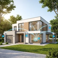 Модерна къща с четири монтирани WiFi камери FipTec Vision Pro 4 по фасадата. Визуализираната безжична връзка гарантира пълна защита на имота и ежедневно спокойствие за цялото семейство.