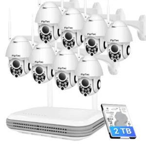 Пълен комплект за видеонаблюдение FipTec Vision Pro 8, включващ осем бели WiFi камери, NVR устройство и 1TB диск. Професионална защита и пълно спокойствие за сигурността на вашия дом.