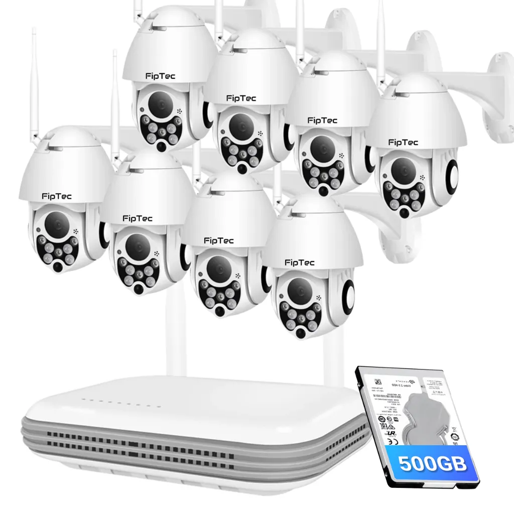 Kit complet de supraveghere video FipTec Vision Pro 8, cu opt camere WiFi albe, NVR și hard disk de 500GB. Protecție profesională și liniște deplină pentru siguranța casei dumneavoastră.