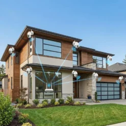 Пълна WiFi система FipTec Vision Pro 8 с осем камери, разположени по фасадата на модерна къща. Безжичната връзка гарантира надеждна защита и пълно спокойствие за вашия дом и семейство.