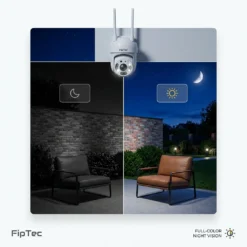 Тази WiFi камера FipTec показва разликата между стандартно черно-бяло и цветно нощно виждане на двора. Насладете се на кристална картина и пълно спокойствие за вашия дом през цялата нощ.